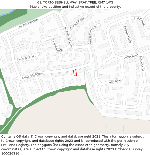 61, TORTOISESHELL WAY, BRAINTREE, CM7 1WG: Location map and indicative extent of plot
