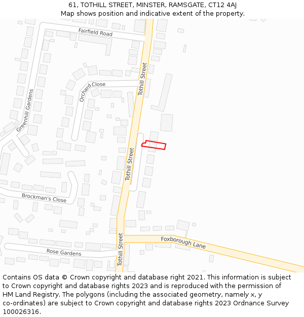 61, TOTHILL STREET, MINSTER, RAMSGATE, CT12 4AJ: Location map and indicative extent of plot