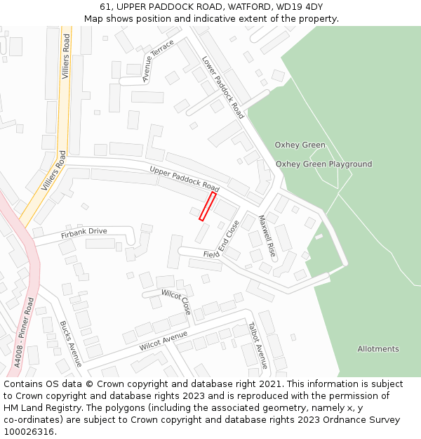 61, UPPER PADDOCK ROAD, WATFORD, WD19 4DY: Location map and indicative extent of plot