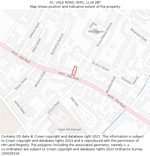 61, VALE ROAD, RHYL, LL18 2BT: Location map and indicative extent of plot