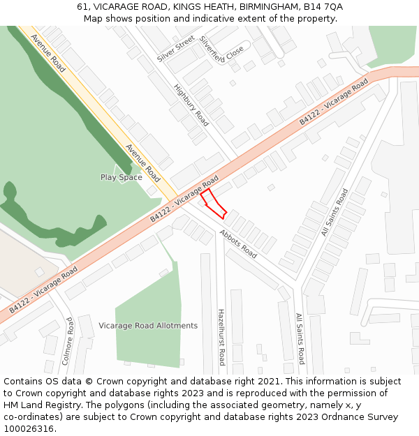 61, VICARAGE ROAD, KINGS HEATH, BIRMINGHAM, B14 7QA: Location map and indicative extent of plot