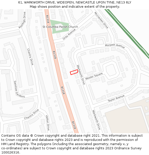 61, WARKWORTH DRIVE, WIDEOPEN, NEWCASTLE UPON TYNE, NE13 6LY: Location map and indicative extent of plot