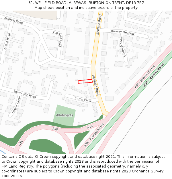 61, WELLFIELD ROAD, ALREWAS, BURTON-ON-TRENT, DE13 7EZ: Location map and indicative extent of plot