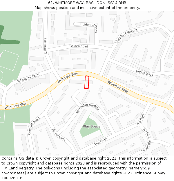 61, WHITMORE WAY, BASILDON, SS14 3NR: Location map and indicative extent of plot