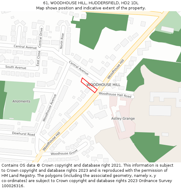 61, WOODHOUSE HILL, HUDDERSFIELD, HD2 1DL: Location map and indicative extent of plot