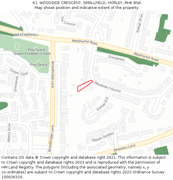 61, WOODSIDE CRESCENT, SMALLFIELD, HORLEY, RH6 9NA: Location map and indicative extent of plot