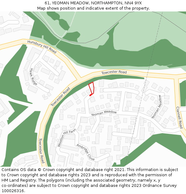 61, YEOMAN MEADOW, NORTHAMPTON, NN4 9YX: Location map and indicative extent of plot