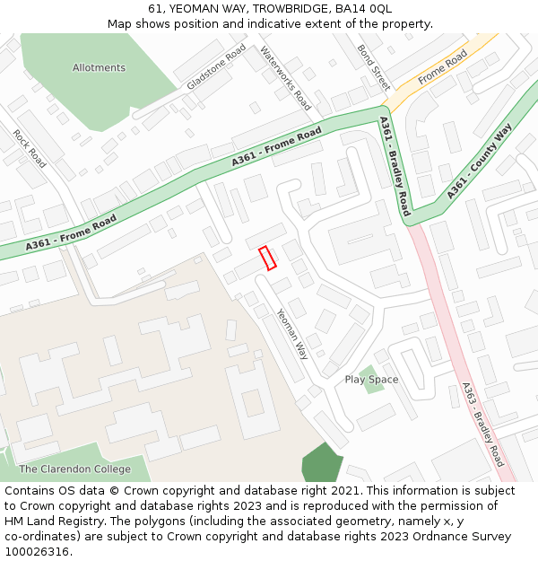 61, YEOMAN WAY, TROWBRIDGE, BA14 0QL: Location map and indicative extent of plot