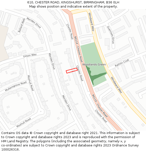 610, CHESTER ROAD, KINGSHURST, BIRMINGHAM, B36 0LH: Location map and indicative extent of plot