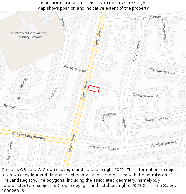 614, NORTH DRIVE, THORNTON-CLEVELEYS, FY5 2QA: Location map and indicative extent of plot