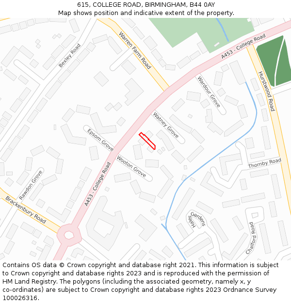 615, COLLEGE ROAD, BIRMINGHAM, B44 0AY: Location map and indicative extent of plot