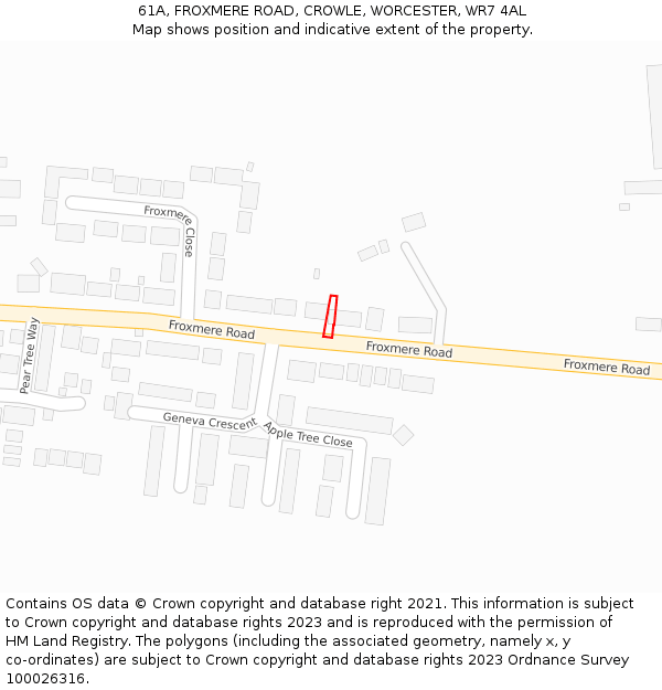 61A, FROXMERE ROAD, CROWLE, WORCESTER, WR7 4AL: Location map and indicative extent of plot