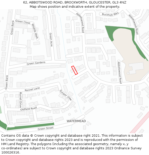 62, ABBOTSWOOD ROAD, BROCKWORTH, GLOUCESTER, GL3 4NZ: Location map and indicative extent of plot