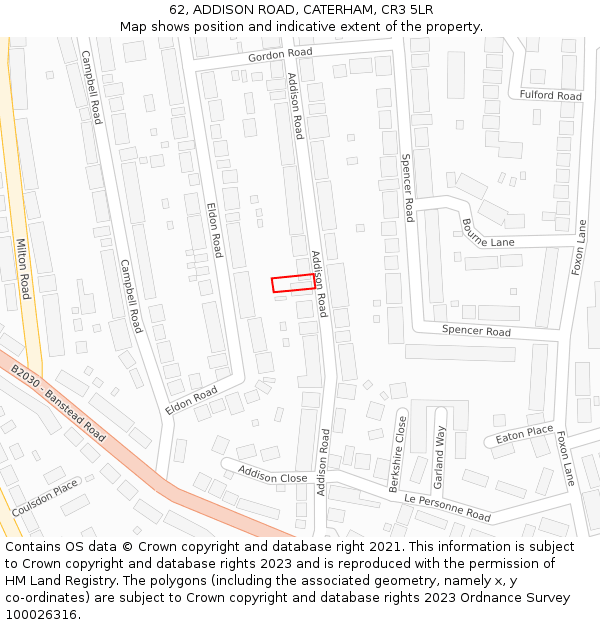 62, ADDISON ROAD, CATERHAM, CR3 5LR: Location map and indicative extent of plot