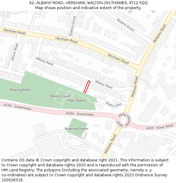 62, ALBANY ROAD, HERSHAM, WALTON-ON-THAMES, KT12 5QQ: Location map and indicative extent of plot