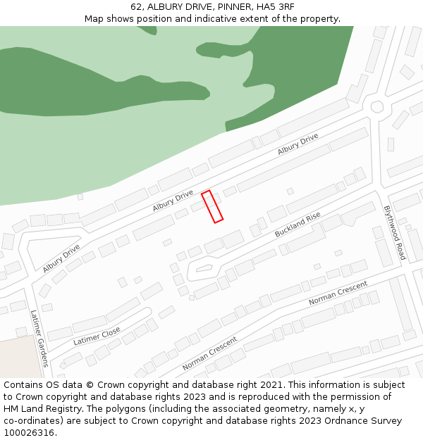 62, ALBURY DRIVE, PINNER, HA5 3RF: Location map and indicative extent of plot