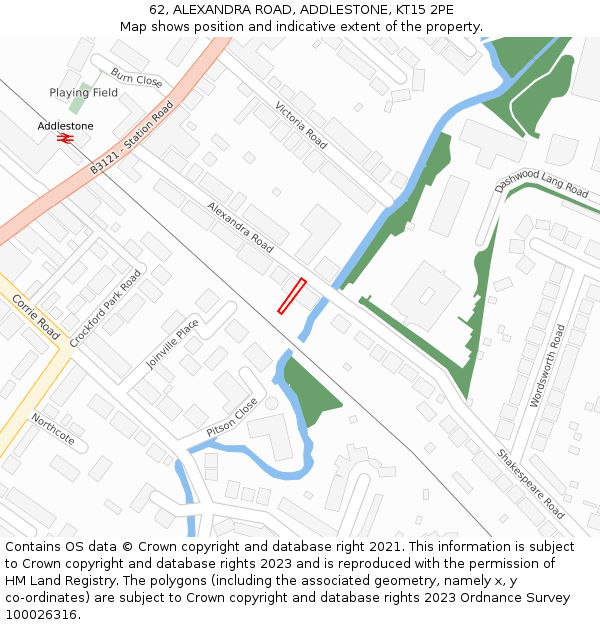 62, ALEXANDRA ROAD, ADDLESTONE, KT15 2PE: Location map and indicative extent of plot
