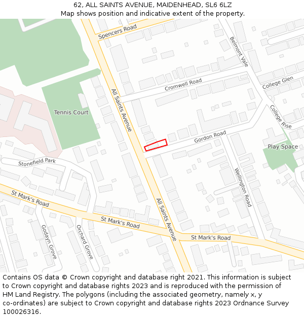 62, ALL SAINTS AVENUE, MAIDENHEAD, SL6 6LZ: Location map and indicative extent of plot