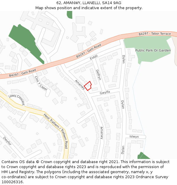 62, AMANWY, LLANELLI, SA14 9AG: Location map and indicative extent of plot