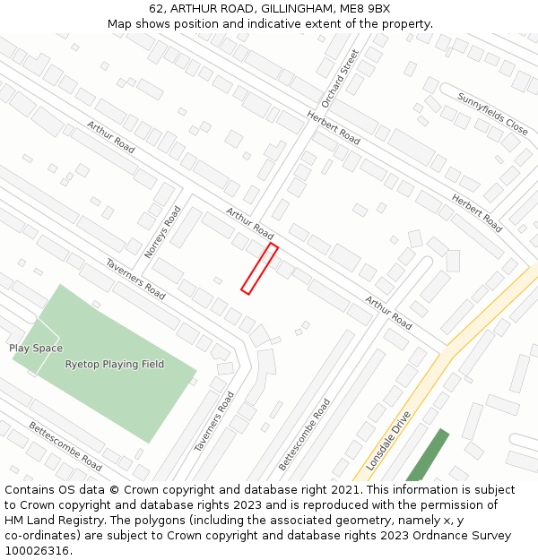 62, ARTHUR ROAD, GILLINGHAM, ME8 9BX: Location map and indicative extent of plot