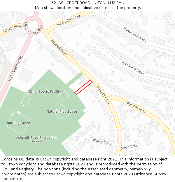 62, ASHCROFT ROAD, LUTON, LU2 9AU: Location map and indicative extent of plot