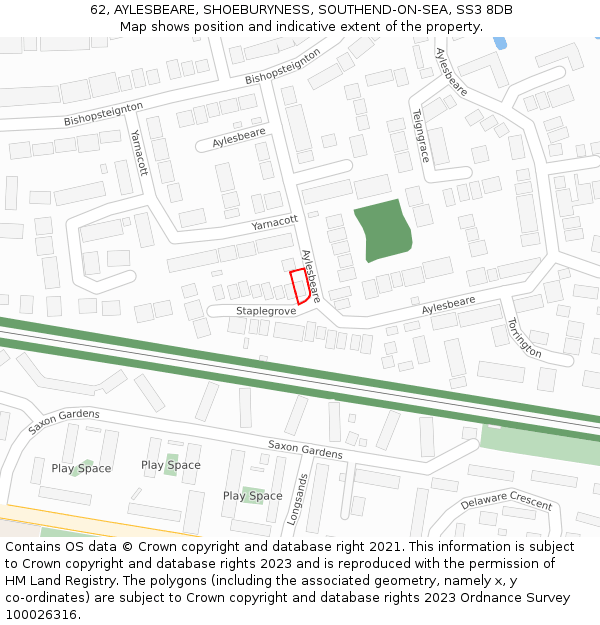 62, AYLESBEARE, SHOEBURYNESS, SOUTHEND-ON-SEA, SS3 8DB: Location map and indicative extent of plot