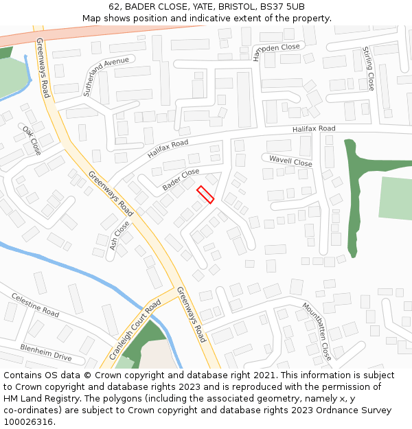 62, BADER CLOSE, YATE, BRISTOL, BS37 5UB: Location map and indicative extent of plot