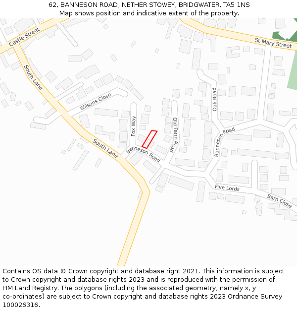 62, BANNESON ROAD, NETHER STOWEY, BRIDGWATER, TA5 1NS: Location map and indicative extent of plot