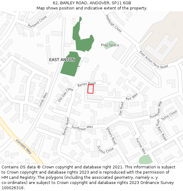 62, BARLEY ROAD, ANDOVER, SP11 6GB: Location map and indicative extent of plot