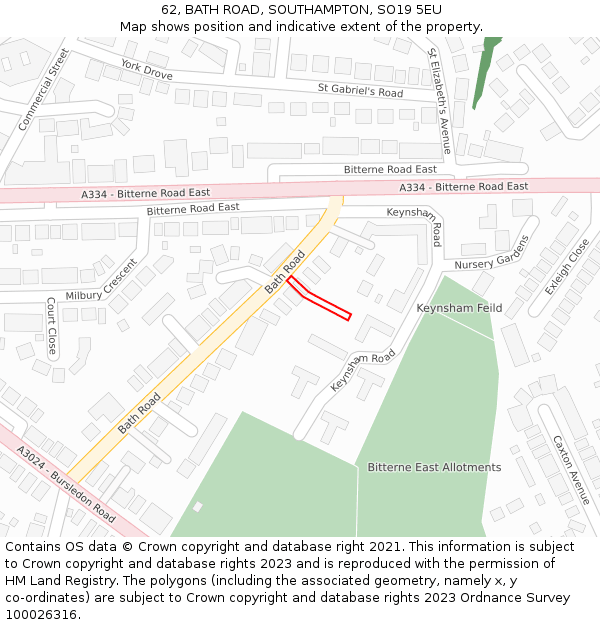 62, BATH ROAD, SOUTHAMPTON, SO19 5EU: Location map and indicative extent of plot