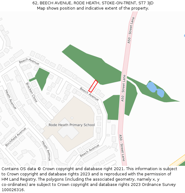 62, BEECH AVENUE, RODE HEATH, STOKE-ON-TRENT, ST7 3JD: Location map and indicative extent of plot