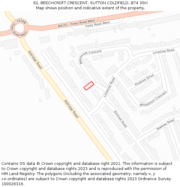 62, BEECHCROFT CRESCENT, SUTTON COLDFIELD, B74 3SH: Location map and indicative extent of plot