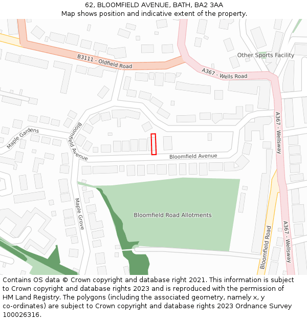 62, BLOOMFIELD AVENUE, BATH, BA2 3AA: Location map and indicative extent of plot