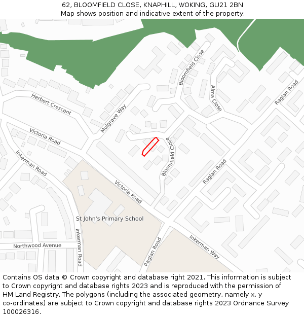 62, BLOOMFIELD CLOSE, KNAPHILL, WOKING, GU21 2BN: Location map and indicative extent of plot