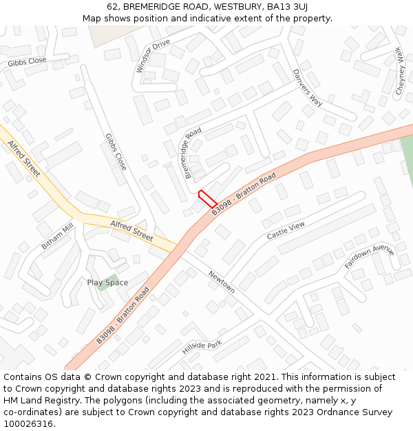 62, BREMERIDGE ROAD, WESTBURY, BA13 3UJ: Location map and indicative extent of plot