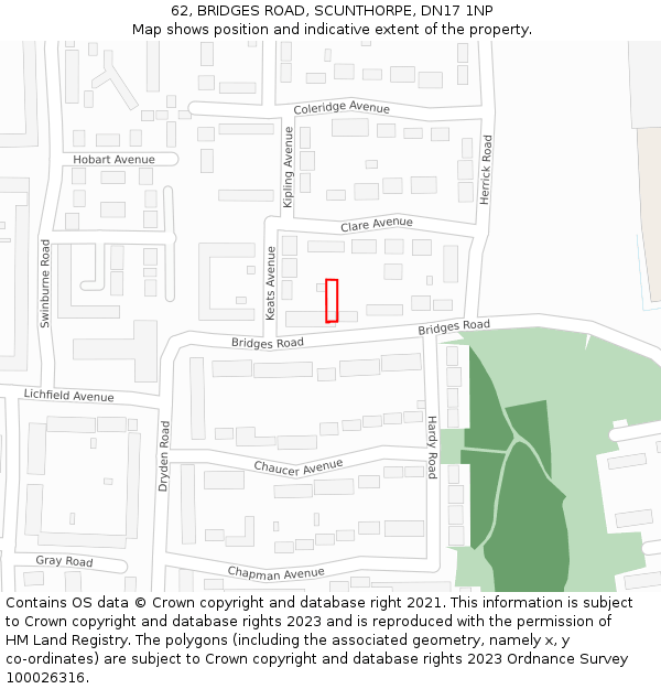 62, BRIDGES ROAD, SCUNTHORPE, DN17 1NP: Location map and indicative extent of plot