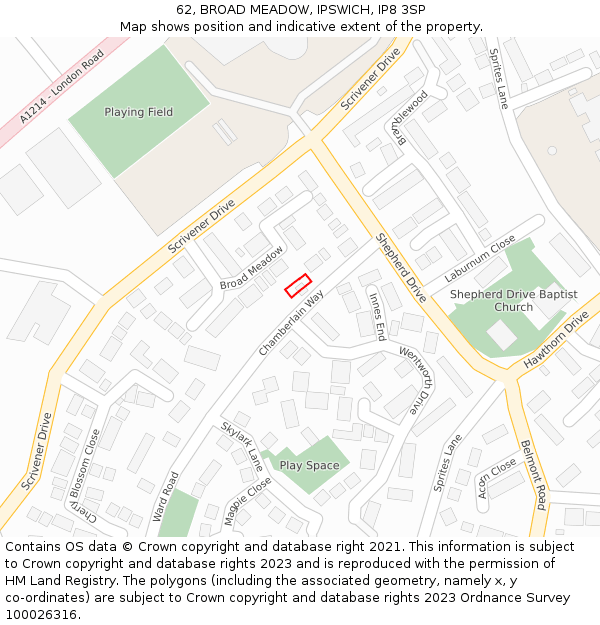 62, BROAD MEADOW, IPSWICH, IP8 3SP: Location map and indicative extent of plot