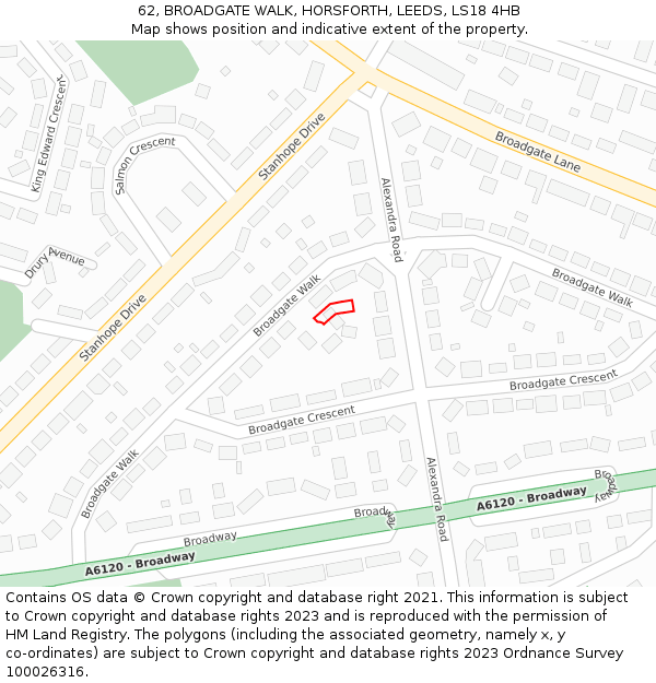62, BROADGATE WALK, HORSFORTH, LEEDS, LS18 4HB: Location map and indicative extent of plot