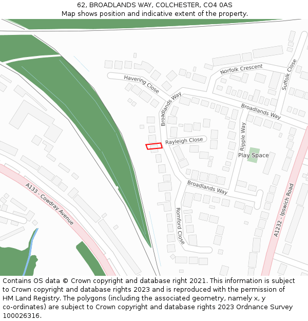 62, BROADLANDS WAY, COLCHESTER, CO4 0AS: Location map and indicative extent of plot