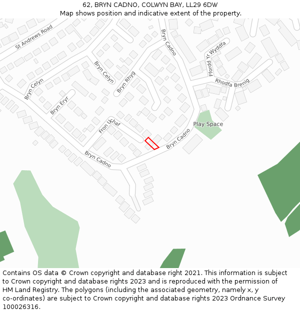 62, BRYN CADNO, COLWYN BAY, LL29 6DW: Location map and indicative extent of plot