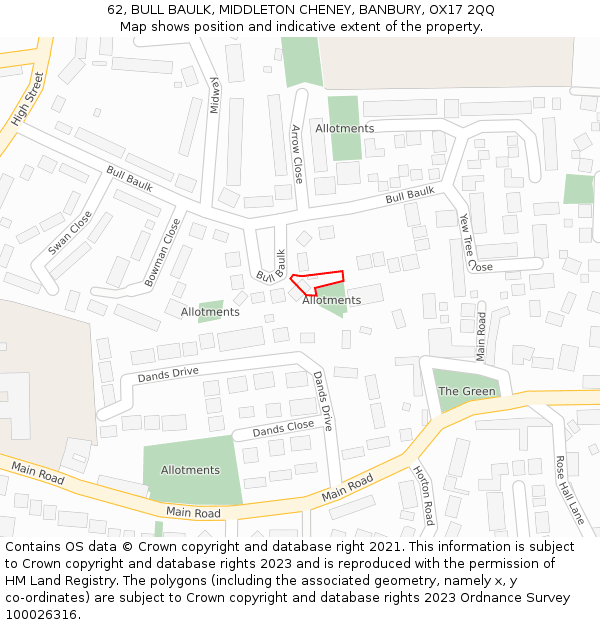 62, BULL BAULK, MIDDLETON CHENEY, BANBURY, OX17 2QQ: Location map and indicative extent of plot