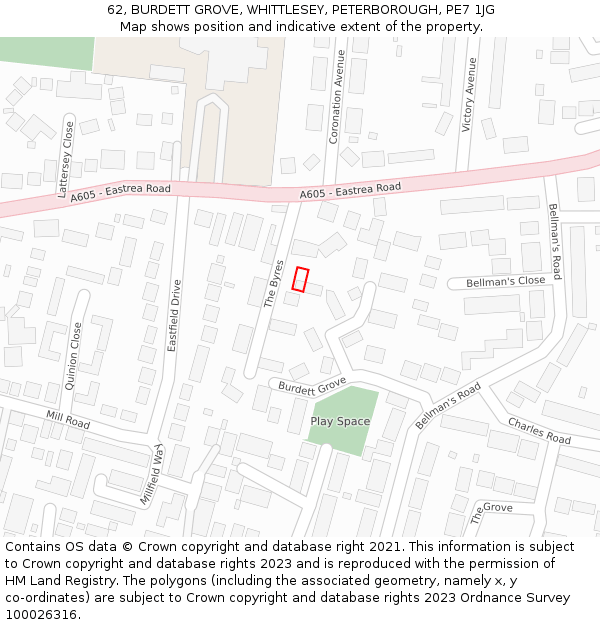 62, BURDETT GROVE, WHITTLESEY, PETERBOROUGH, PE7 1JG: Location map and indicative extent of plot