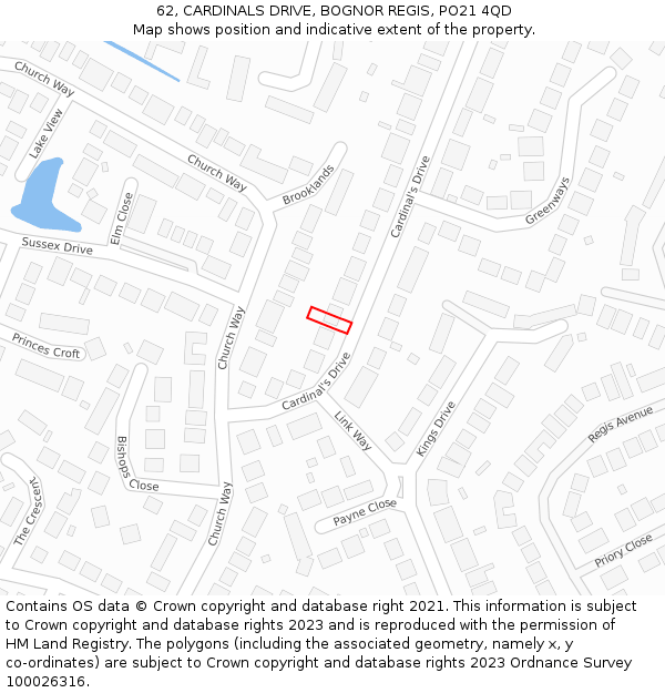 62, CARDINALS DRIVE, BOGNOR REGIS, PO21 4QD: Location map and indicative extent of plot