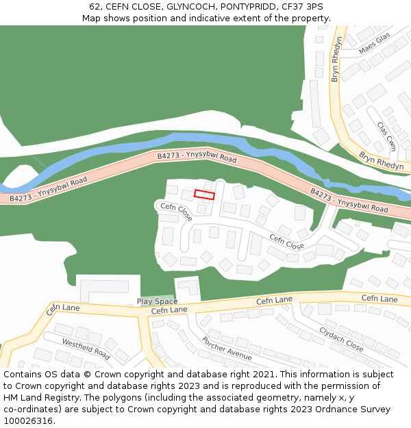 62, CEFN CLOSE, GLYNCOCH, PONTYPRIDD, CF37 3PS: Location map and indicative extent of plot