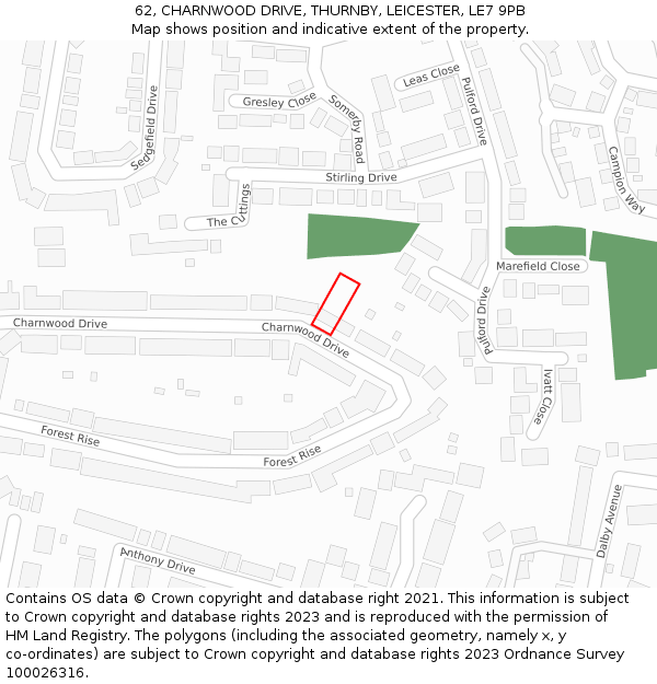 62, CHARNWOOD DRIVE, THURNBY, LEICESTER, LE7 9PB: Location map and indicative extent of plot