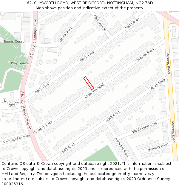 62, CHAWORTH ROAD, WEST BRIDGFORD, NOTTINGHAM, NG2 7AD: Location map and indicative extent of plot