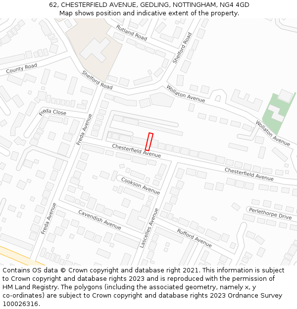 62, CHESTERFIELD AVENUE, GEDLING, NOTTINGHAM, NG4 4GD: Location map and indicative extent of plot