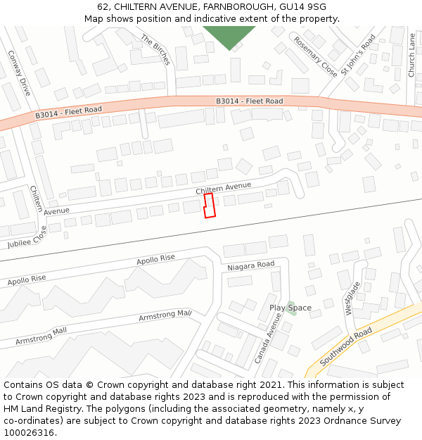 62, CHILTERN AVENUE, FARNBOROUGH, GU14 9SG: Location map and indicative extent of plot