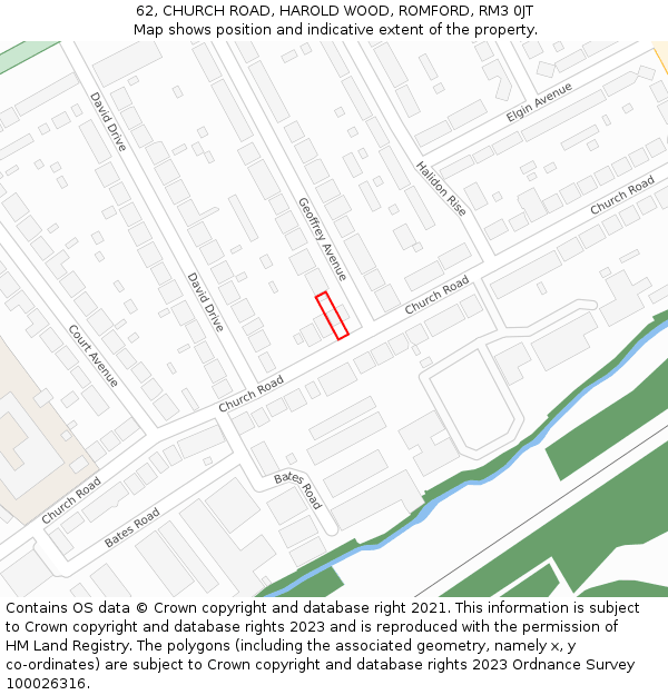 62, CHURCH ROAD, HAROLD WOOD, ROMFORD, RM3 0JT: Location map and indicative extent of plot