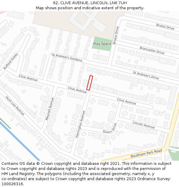 62, CLIVE AVENUE, LINCOLN, LN6 7UH: Location map and indicative extent of plot